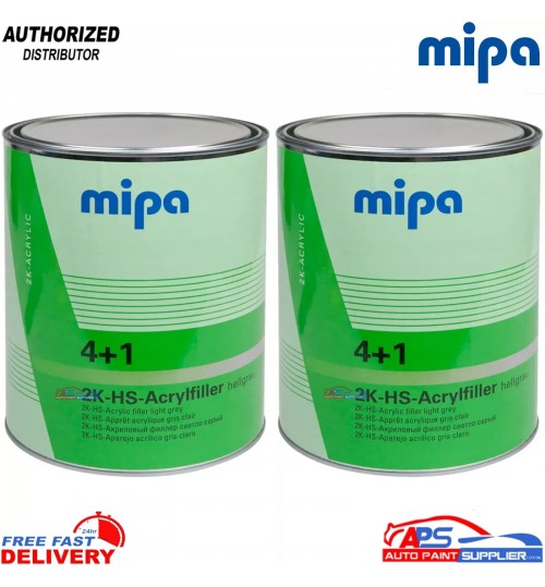 2x MIPA 4+1 2K HS HIGH BUILD PRIMER LIGHT GREY 4LTR TO SUIT MIXING PADDLE